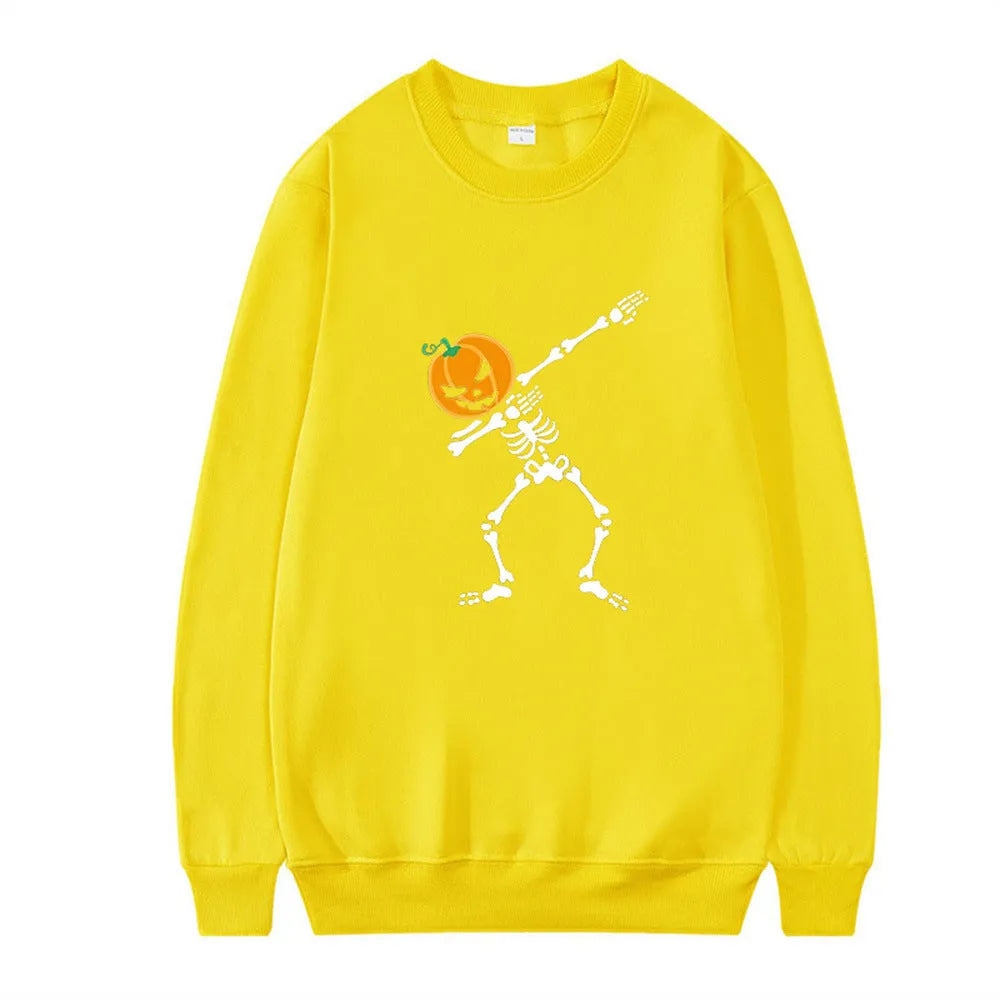 Women's printed long sleeve crew neck top in a cotton blend fabric on a hanger.