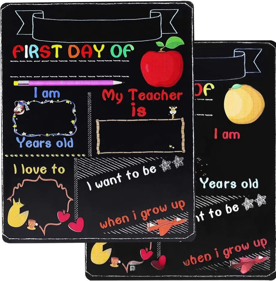 Wooden first day of school blackboard ornament measuring 25.5 by 30 centimetres.
