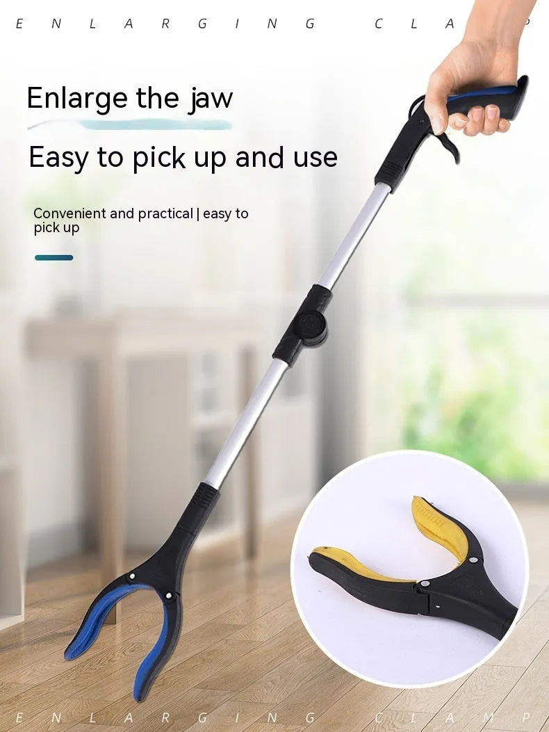 Folding aluminium rubbish clamp with magnetic tip, shown extended and collapsed, with blue handle option.