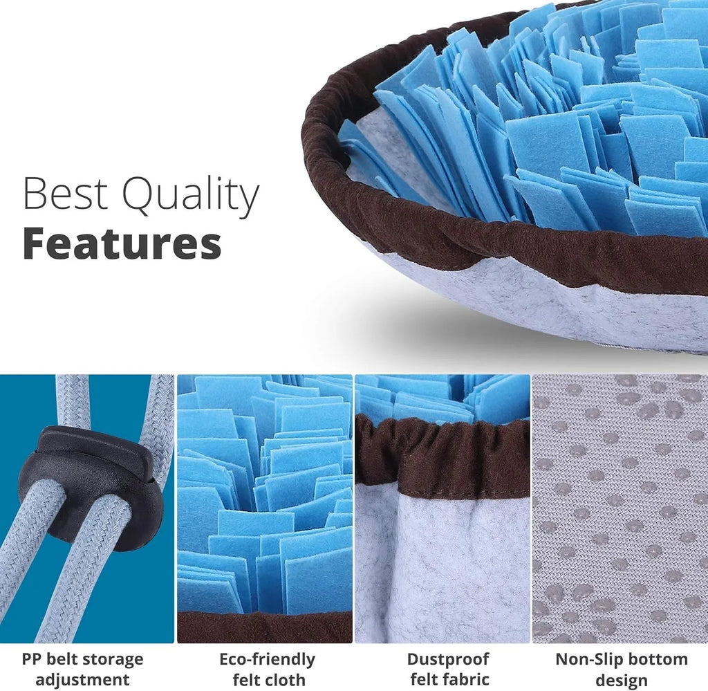Blue and green adjustable fleece snuffle mats for dogs, shown with kibble scattered in the folds.