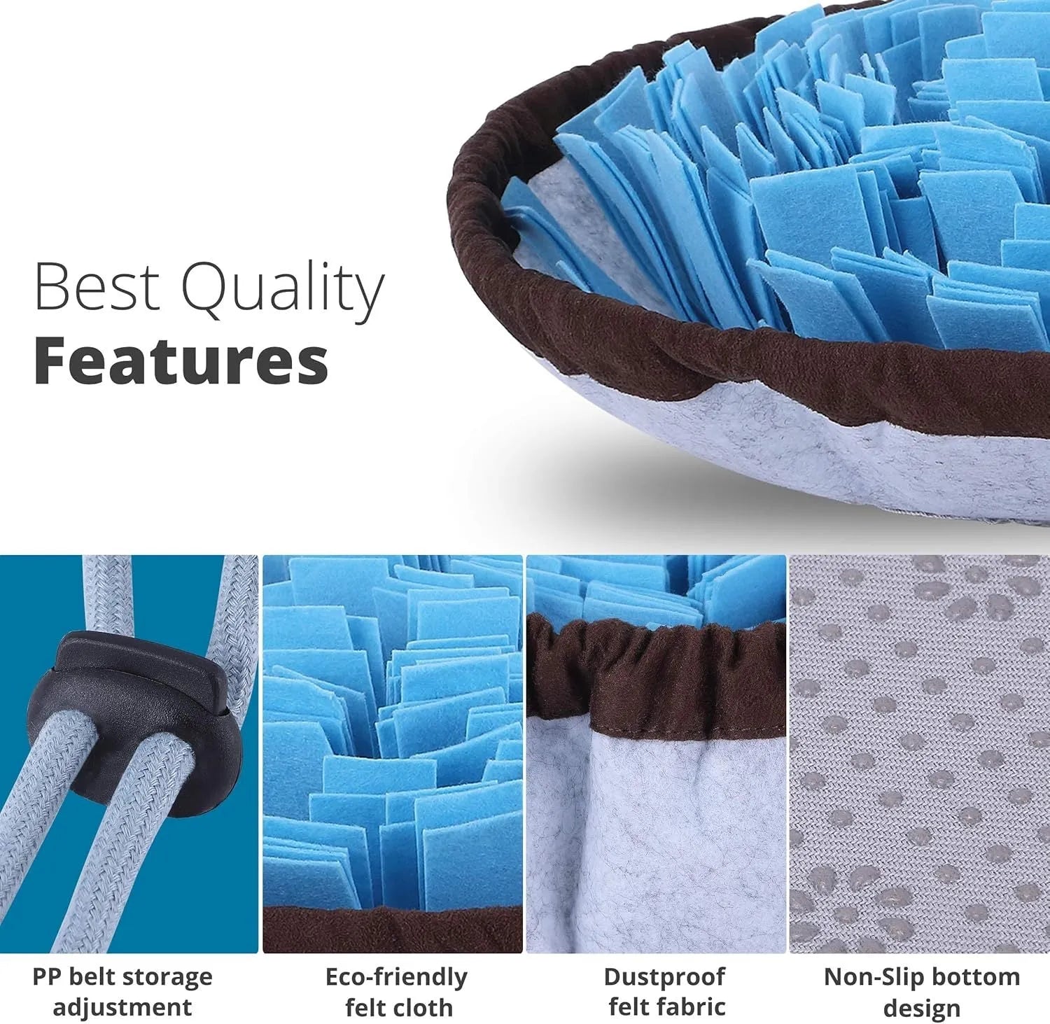 Blue and green adjustable fleece snuffle mats for dogs, shown with kibble scattered in the folds.