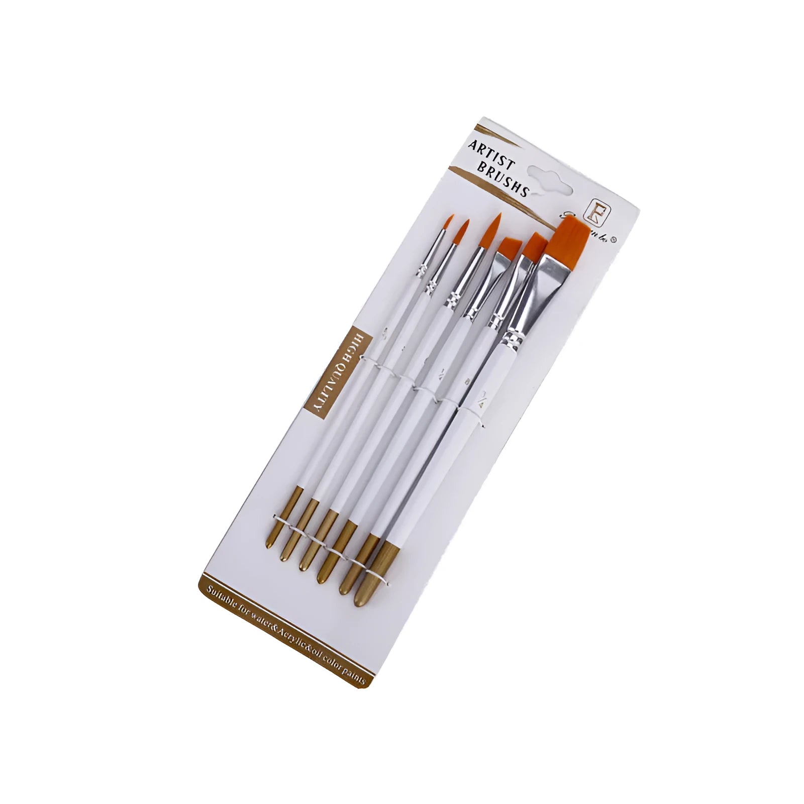 Set of six watercolour acrylic brushes with wood handles and aluminium ferrules in graduated sizes