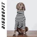 Thin black and white polyester dog clothing for large breeds showing size options
