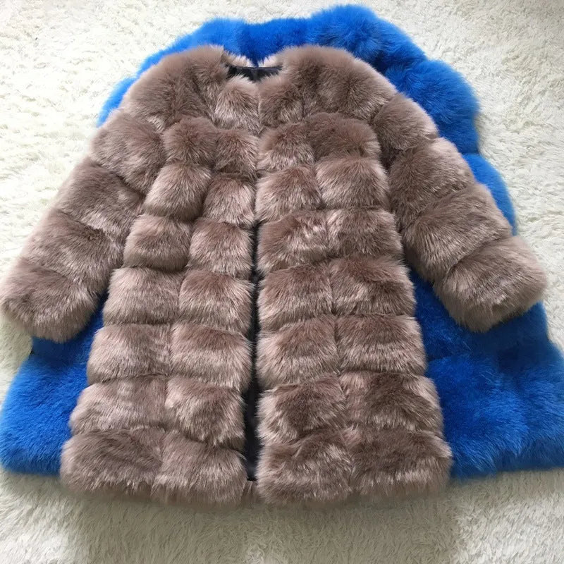 Women's thick black artificial fur coat with regular sleeves and 80cm length