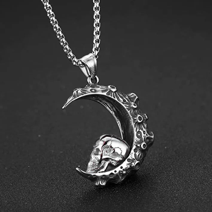 Men's silver stainless steel necklace with alloy skull pendant and matching chain
