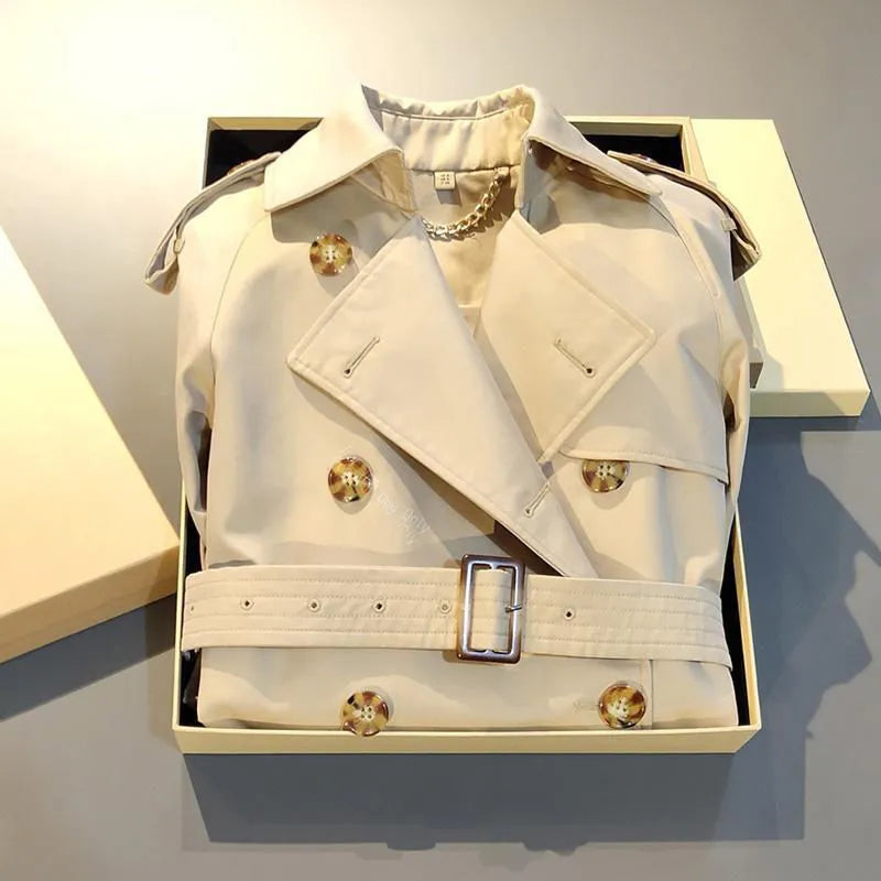 Khaki double-breasted women's trench coat with long flight sleeves, shown on a hanger.