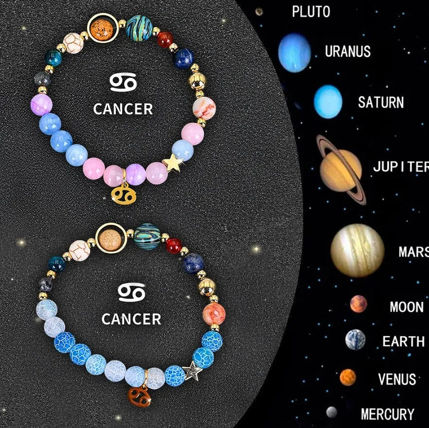 Set of two natural stone beaded bracelets with zodiac sign charms on an adjustable band