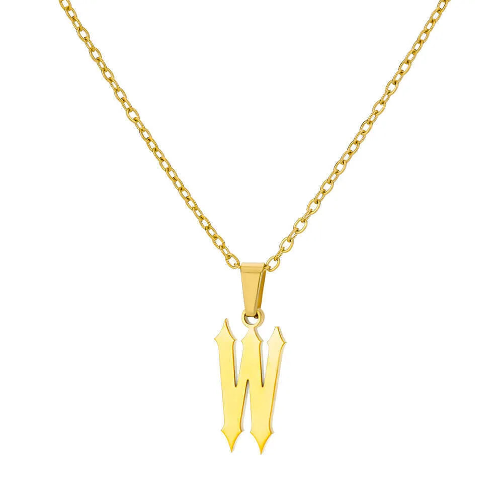 Gold stainless steel ancient English letter pendant necklace with O-ring chain on white background