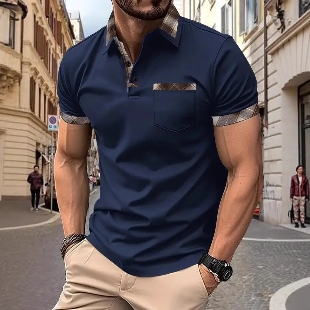 Men's loose fit plaid colourblock short sleeve T-shirt on a white background