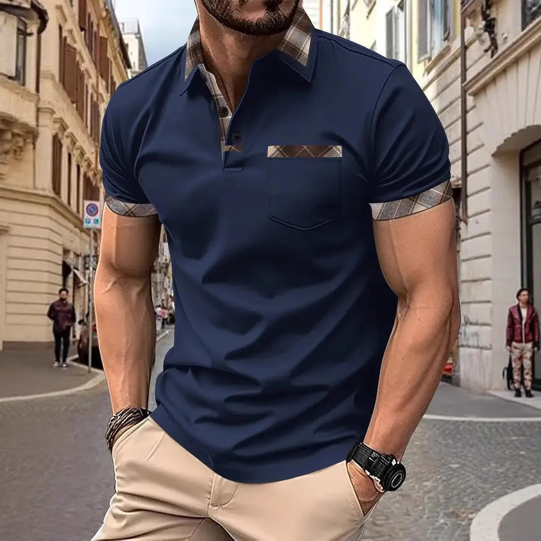 Men's loose fit plaid colourblock short sleeve T-shirt on a white background