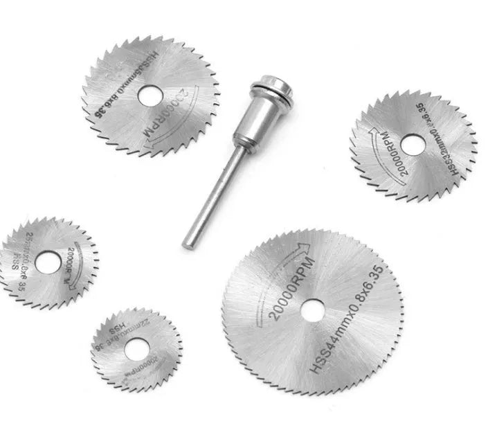 Six circular saw blades with mandrel for woodworking tools, high-speed steel construction