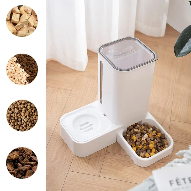 Pet automatic water storage double plastic bowl in grey, side view, 32x31x32cm