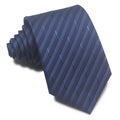 Man's red, black, and blue striped jacquard business tie with an 8cm width.