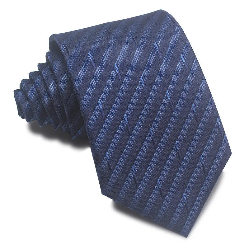 Man's red, black, and blue striped jacquard business tie with an 8cm width.