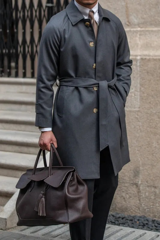 Wool winter trench coat single-breasted in dark blue with 30% wool polyester blend, leisure style