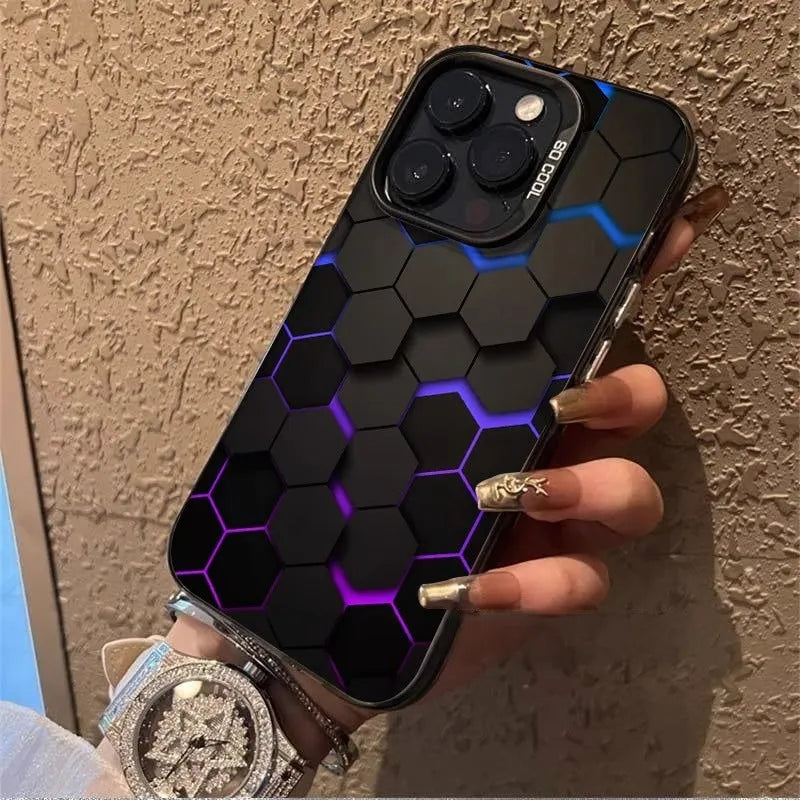 Frosted iPhone case with a contrasting honeycomb square design on the back in Moonlight Black.