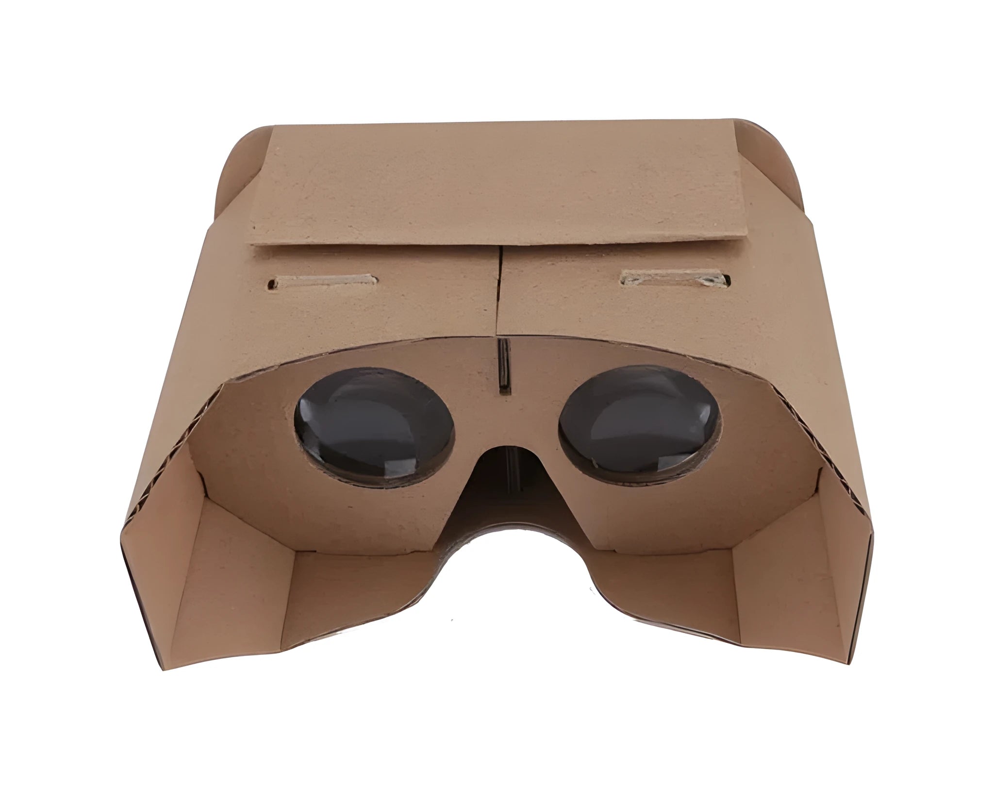 Corrugated paper virtual reality glasses for smartphones between 3.5 and 6 inches wide.