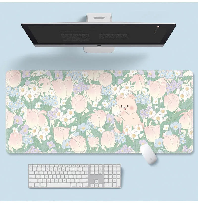 Large flower pattern computer mouse pad with natural rubber base showing floral cartoon design options