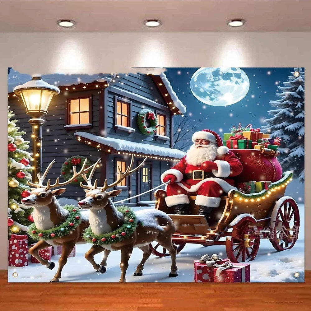 Large red Christmas banner with Santa Claus and gift illustrations measuring 210x150 cm