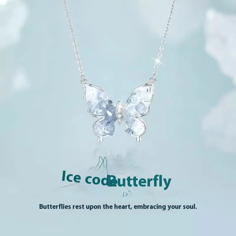 S925 sterling silver butterfly necklace with adjustable 41-50cm chain and ice rain pendant