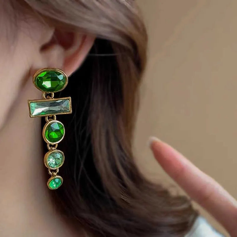Geometric green gradient earrings with zircon inlay and tassel drops, Chinese style design