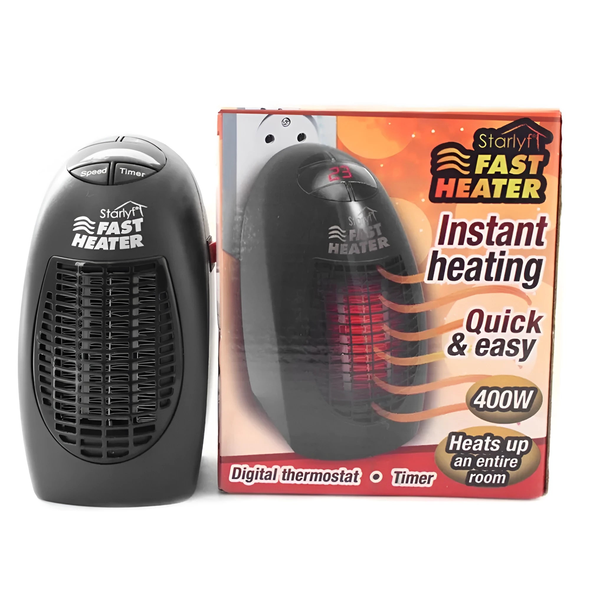 Compact black ceramic electric heater with digital display and rotating plug on a desk