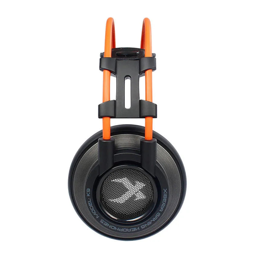 K9 wired gaming headset with noise cancelling microphone, 3.5mm plug, in black and orange colours