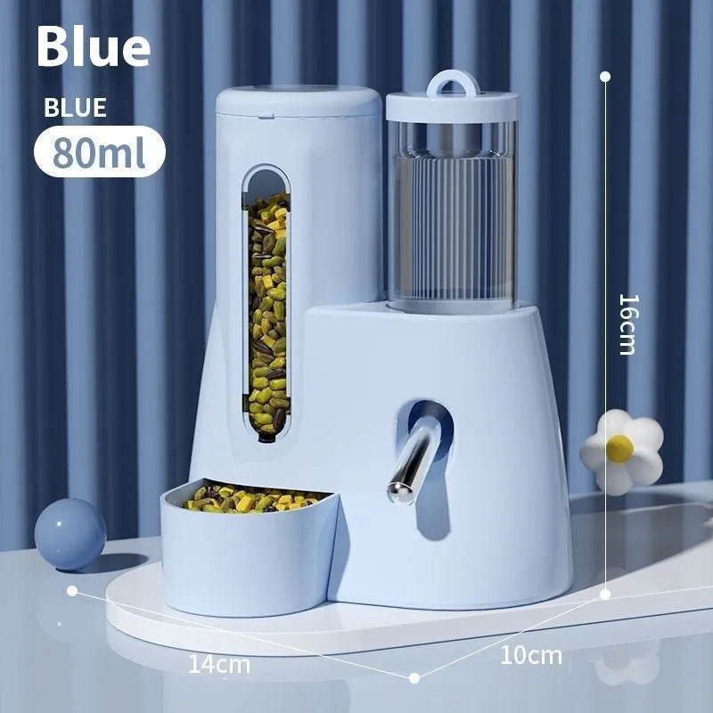 White, blue, and pink hamster automatic water feeder and food basin set on a white background.