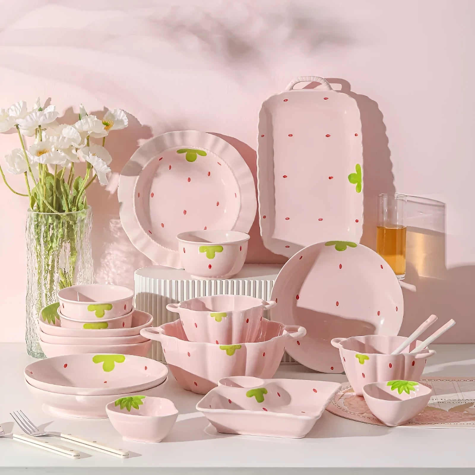 Cute strawberry themed porcelain dinnerware set with bowls, plates and spoon