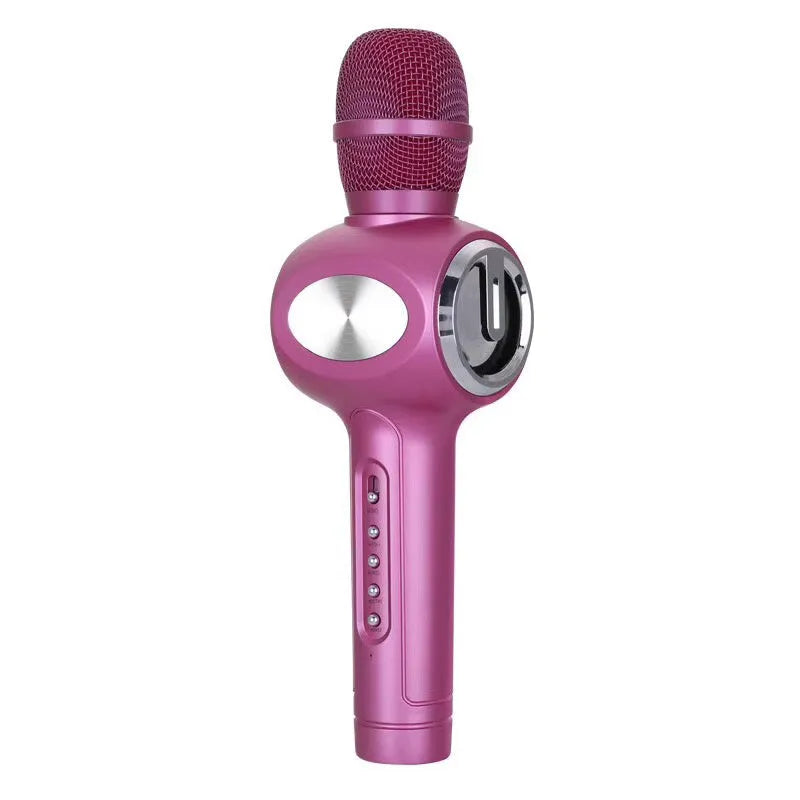 Yaerjia E108 handheld karaoke microphone in black, gold, or pink colour with built-in speakers.