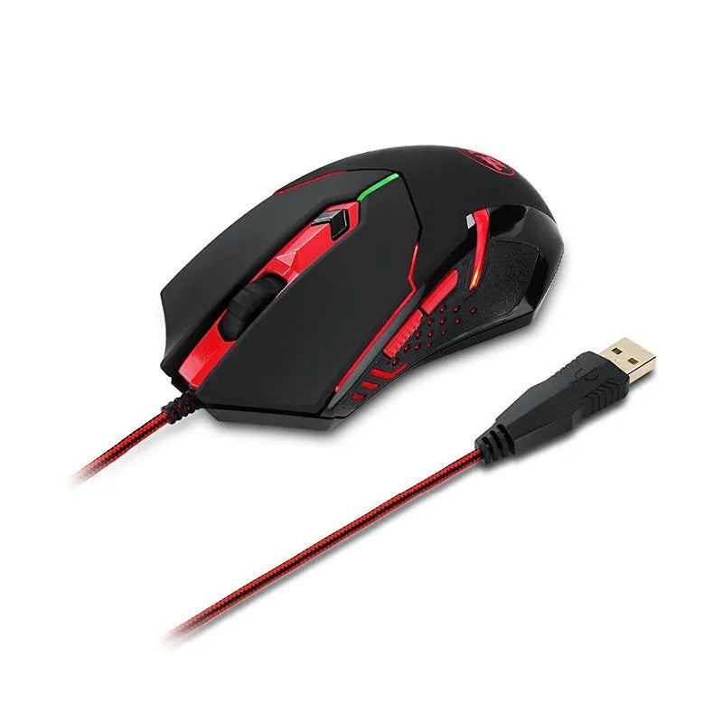 Black and red USB wired gaming mouse with six buttons on a desktop mat.