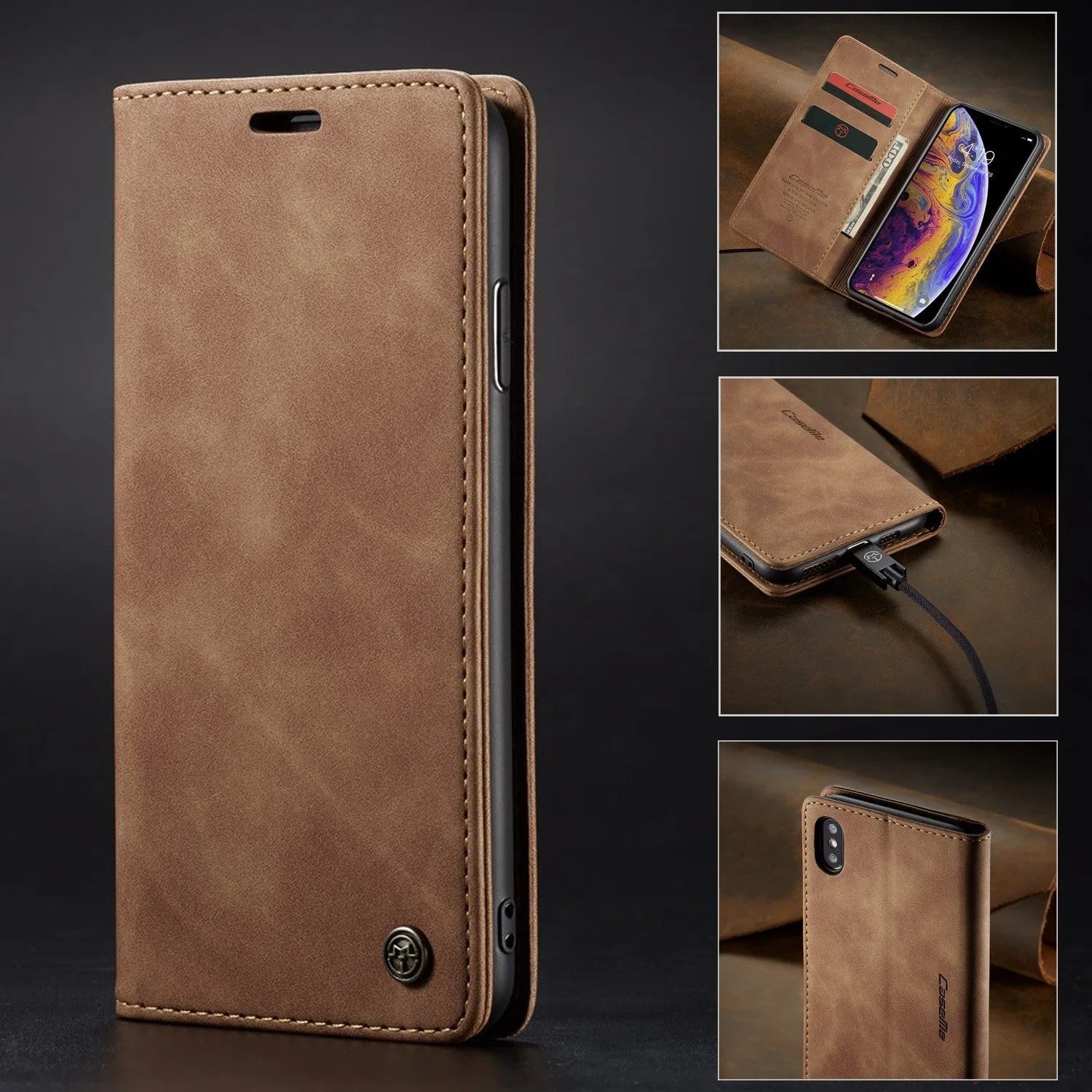 Black imitation leather magnetic flip phone case with card slot and invisible bracket for iPhone 14 Pro Max