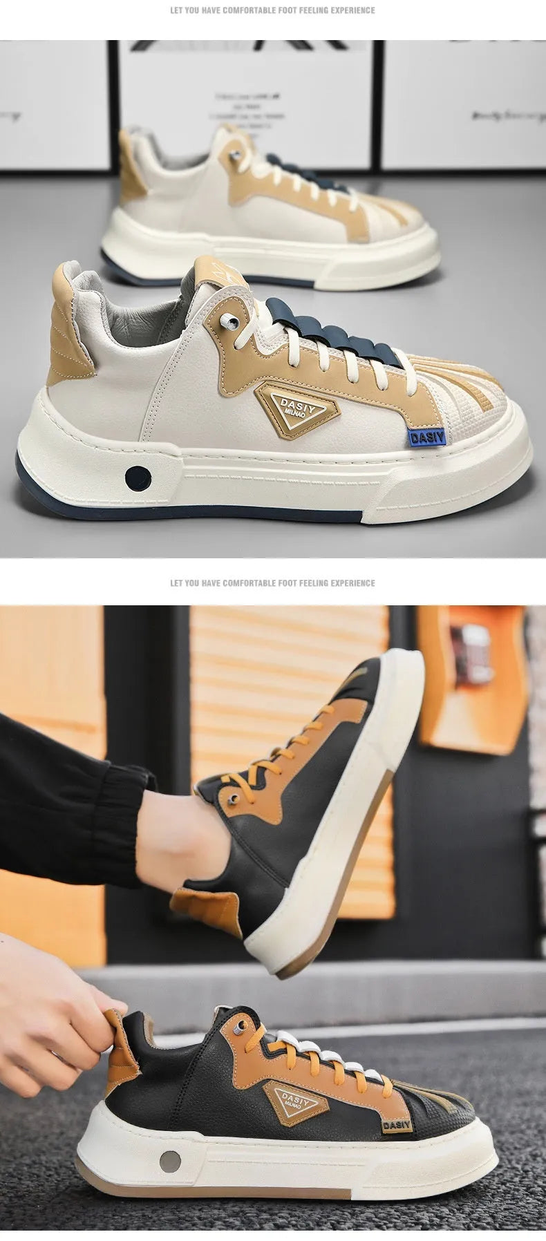 Men's beige low-top sneakers with elastic band and leather stitching details