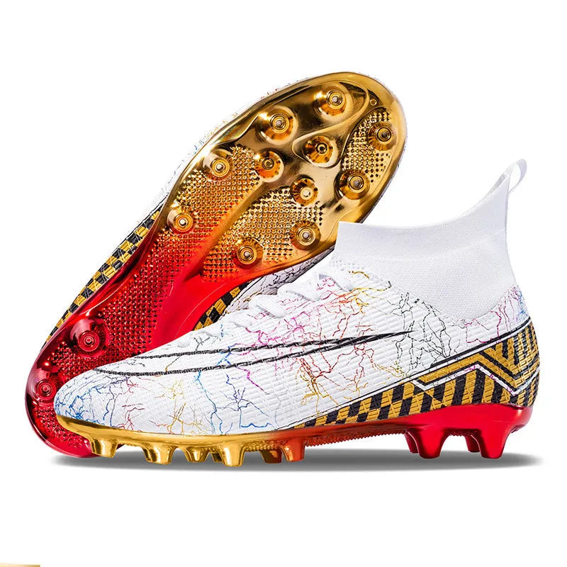 High-top soccer training shoes with gold-plated sole in synthetic leather and mesh construction