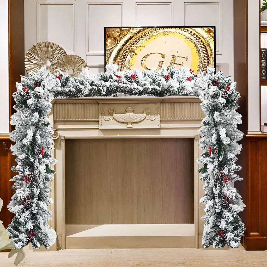 Artificial rattan Christmas garland with white flocking snow decoration in various lengths