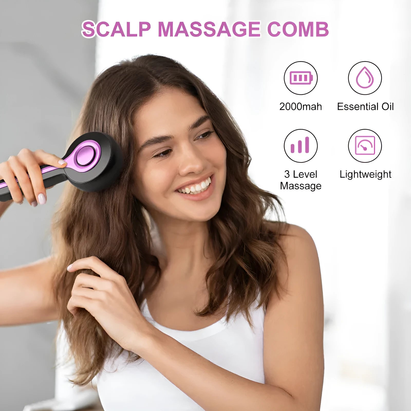 Black USB-powered head massager with a comb head and mechanical speed control switch