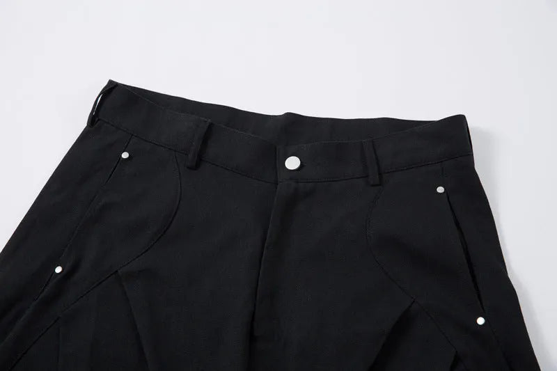Men's black cotton pleated trousers with wide-leg loose-fitting casual design