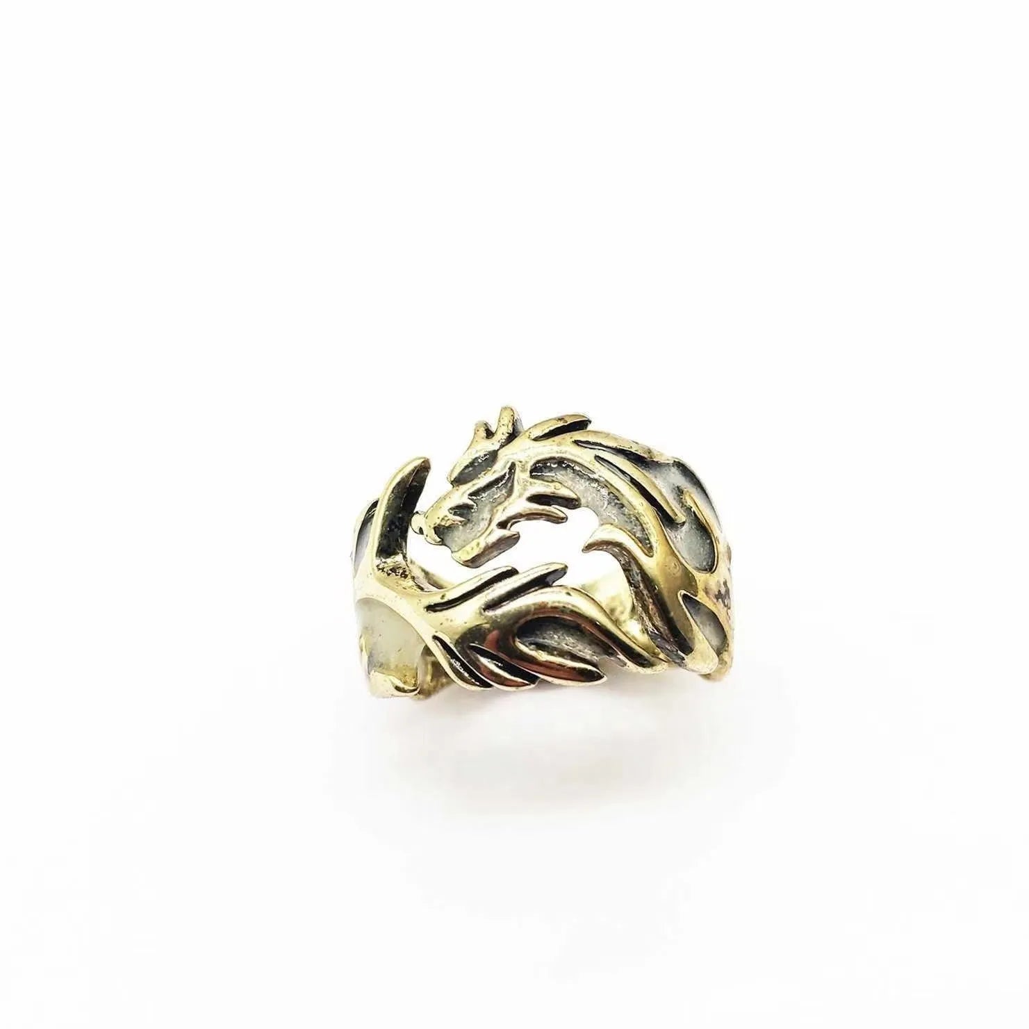 Close-up of an adjustable Chinese dragon pattern ring in antique silver, blue, and green colours.