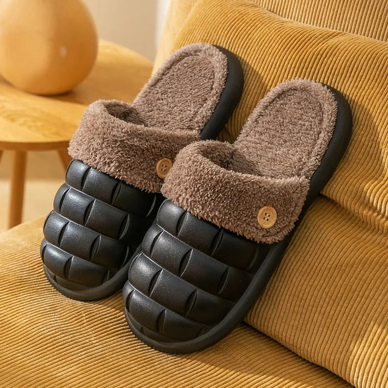 Women's pink detachable sole plush house slipper with round toe and flat heel