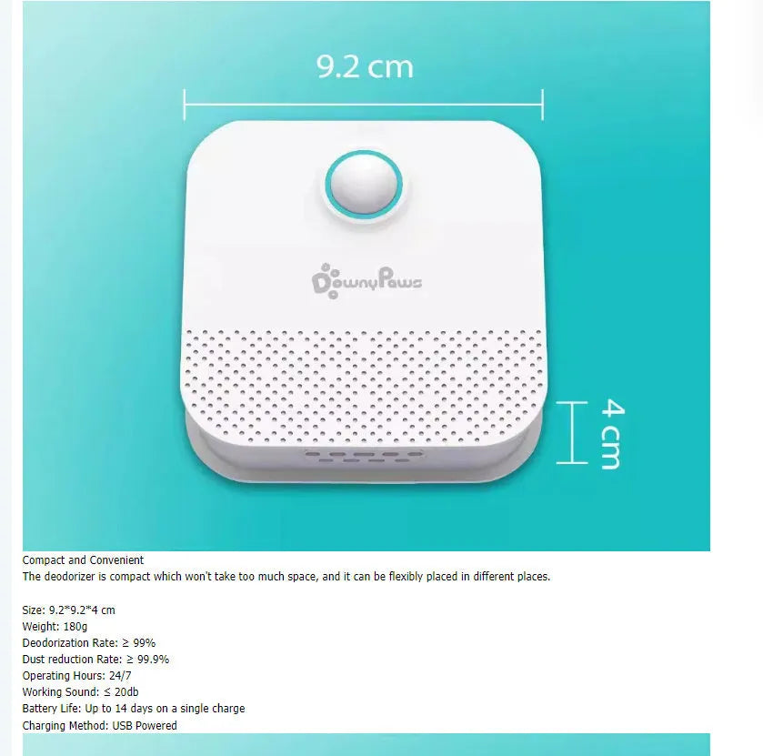 White DownyPaws smart cat litter odour purifier with compact 9.2cm cube design