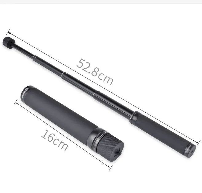 Black aluminium retractable selfie stick with stabilizer, shown extended and with built-in tripod stand.