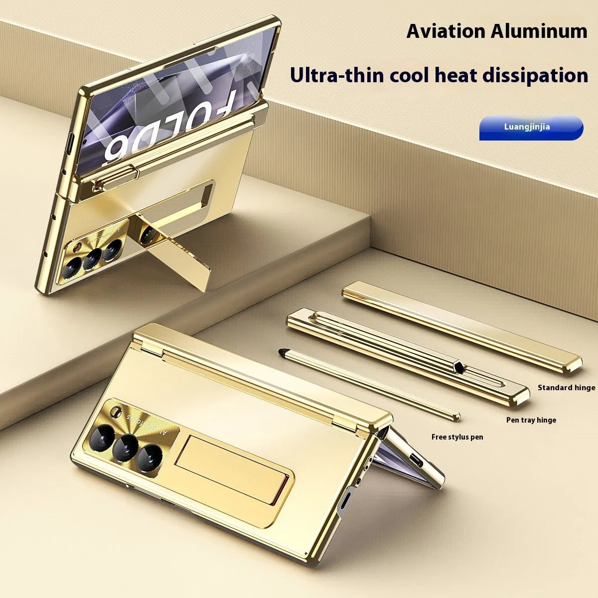 Aluminum alloy flip phone case for Samsung Zfold6 with bracket and magnetic suction, gold helmet black armour colour