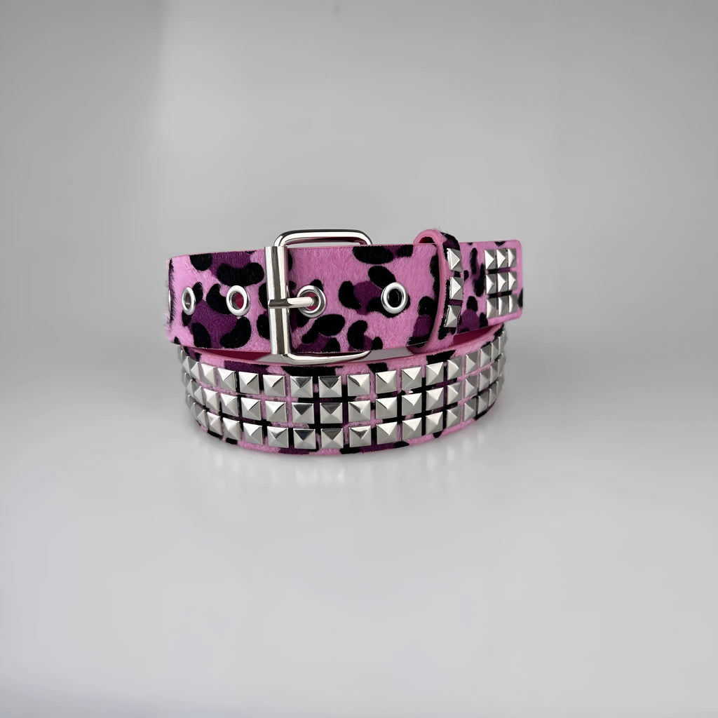 Punk style women's belt with metal decorative rivets on brown leopard print PU leather with an alloy buckle.