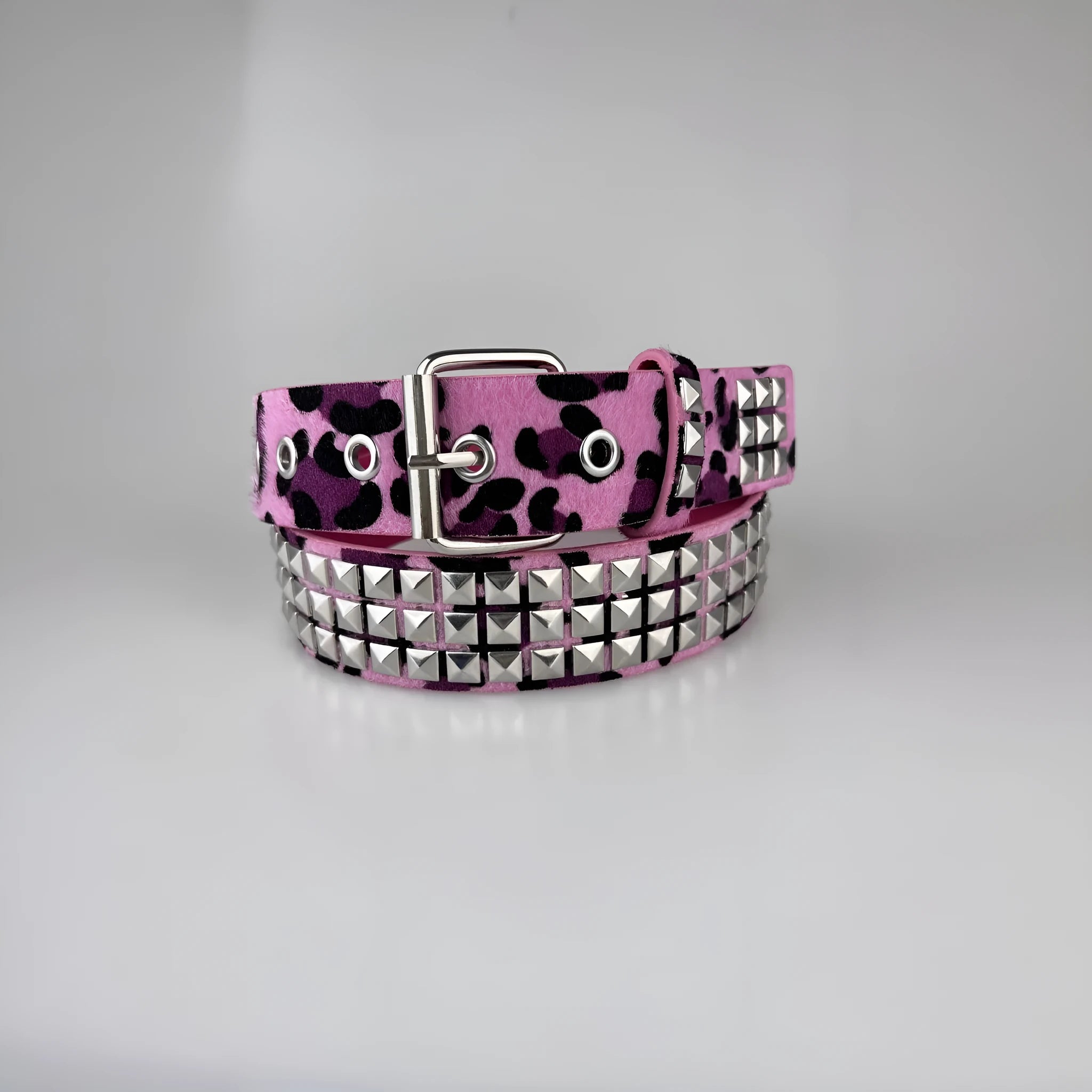 Punk style women's belt with metal decorative rivets on brown leopard print PU leather with an alloy buckle.