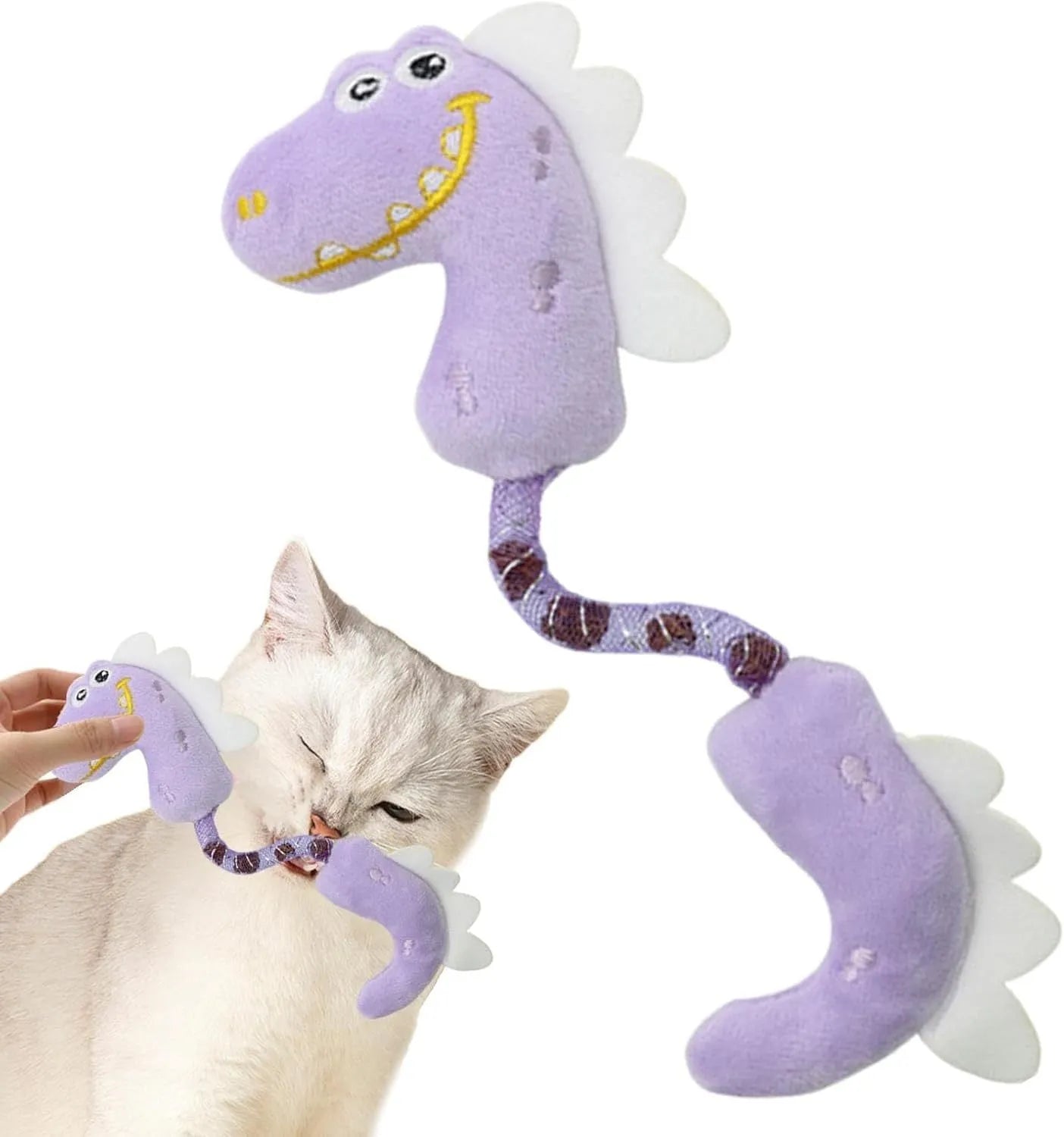 Four interactive cat toys: catnip rope, plush fish, plush mouse, and plush bunny in pink