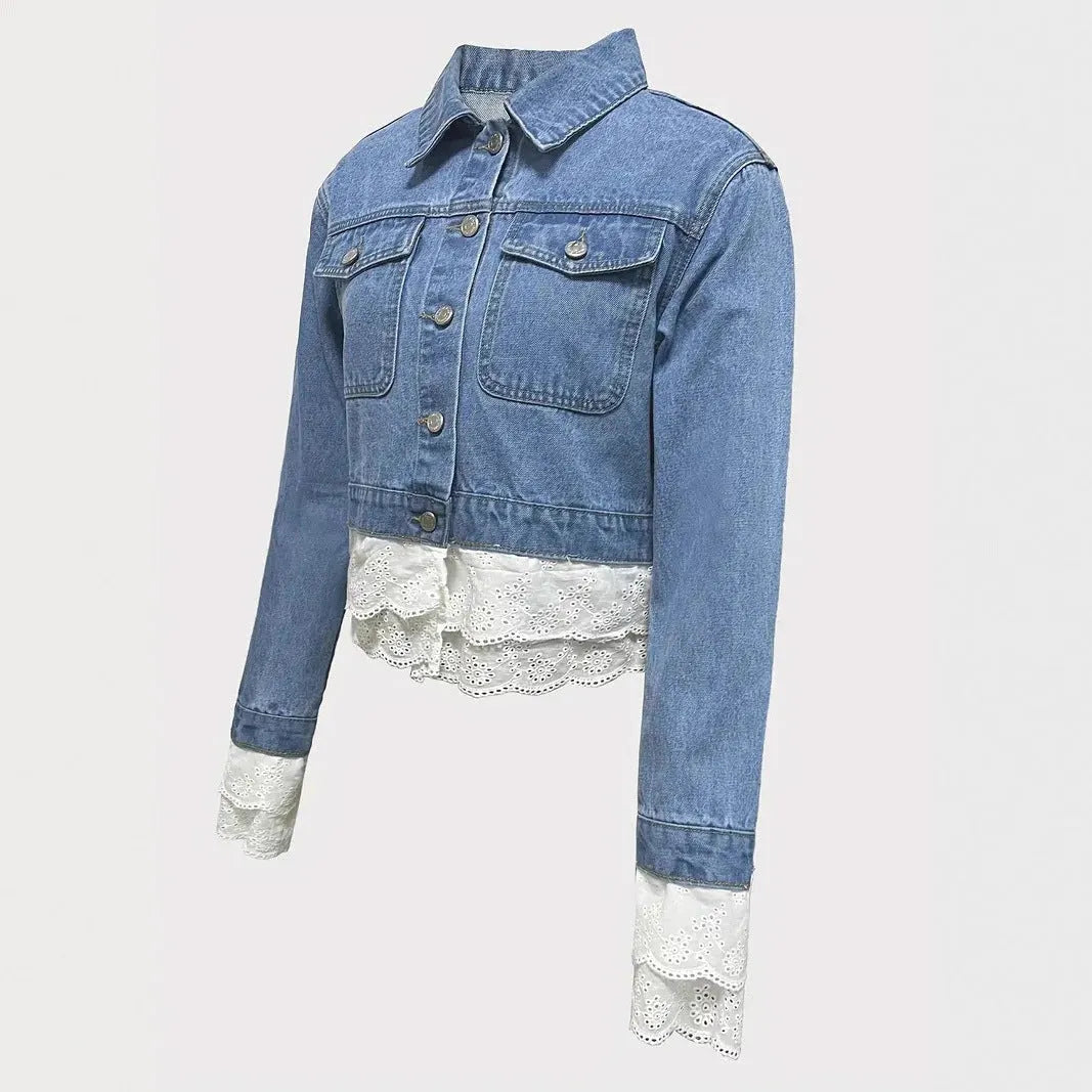 Blue lace stitching denim jacket for women with long sleeves and cotton composition