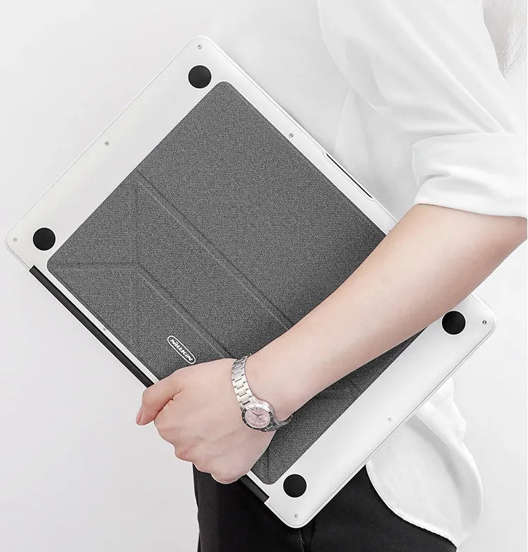 Portable non-slip cooling bracket for laptop with ergonomic design in blue, folded with built-in magnet