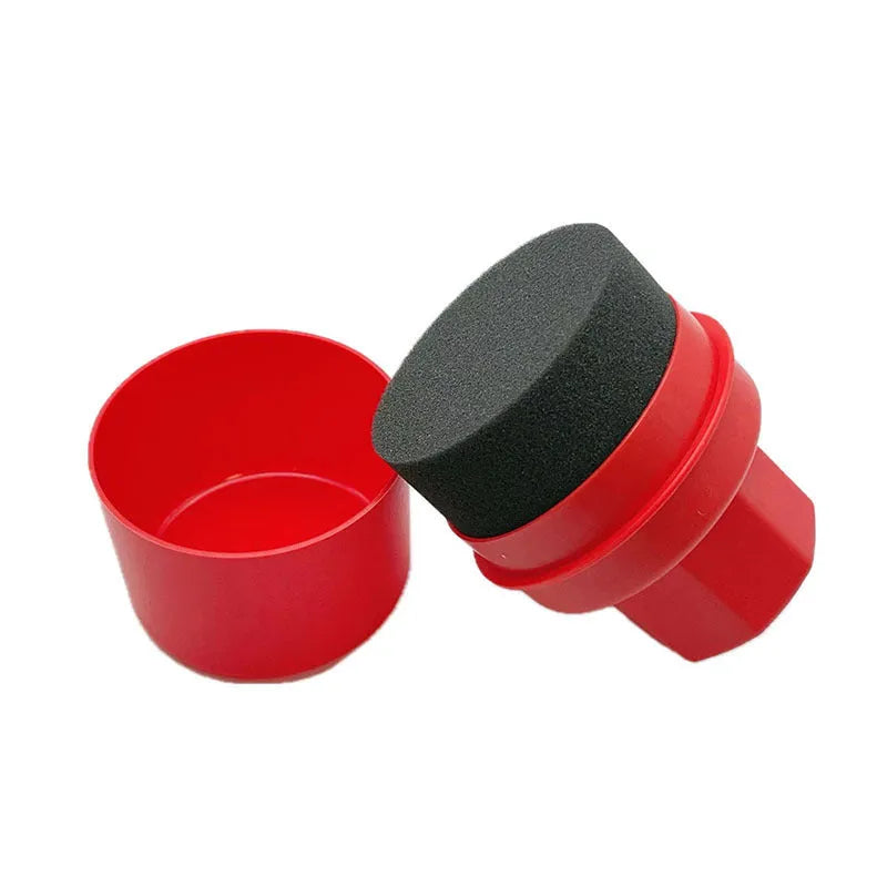 Hand-held black car tyre polishing sponge brush with lid, dimensions 85mm by 120mm, for applying tyre dressings.