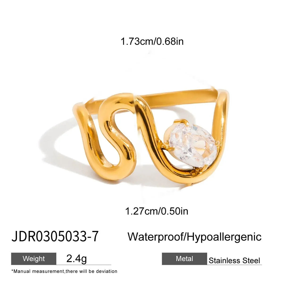 Geometric zircon ring with no-fade titanium steel finish in silver tone.