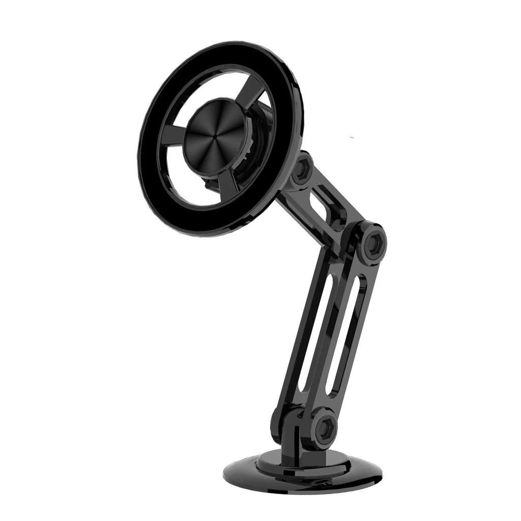 All-metal magnetic car phone holder with adjustable clip, shown in black, silver, gold, and rose gold colours.